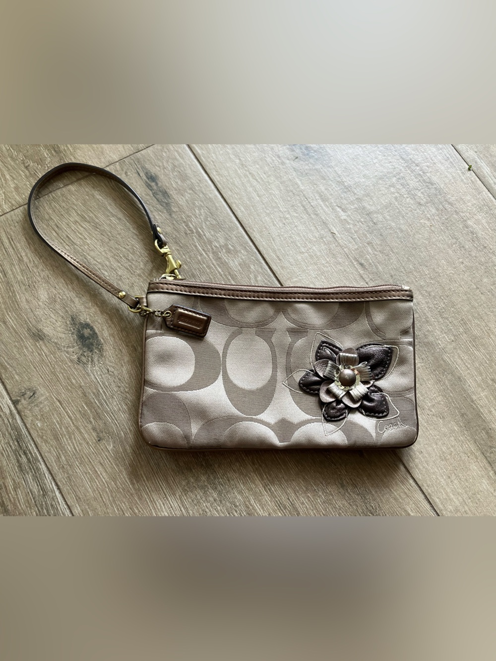 Coach Taupe and Brown Floral Wristlet